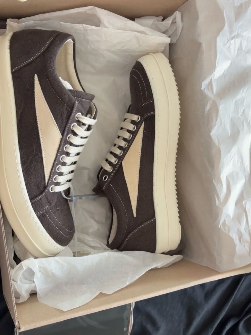 Rick Owens Low-Top Sneakers in Dark Brown and Cream